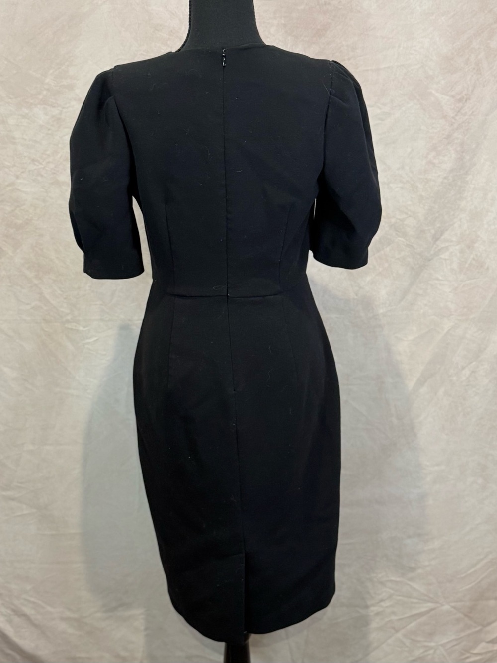 Ann Taylor Black Midi Sheath Dress with V-Neck and Puff Sleeves - Picture 9 of 12